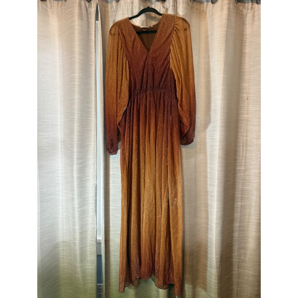 InWear Gizela Dress Pleated Plisse Ombre Maxi Gold Cayenne Orange V-Neck Sz 10